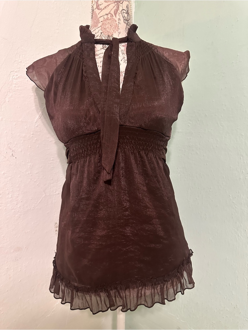 Deco Y2K 2000 Tie-Neck Chocolate Brown Blouse size small babydoll top